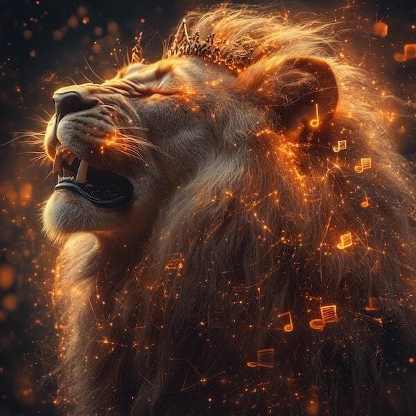 Crowned lion roaring with golden musical notes — Lionheart Revival
